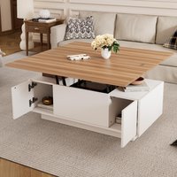Lift-up Coffee Table with Hidden Storage and Dual Liftable Tops, Space-saving Centre Table for Dining, 100L x 50W x 55.5H cm, White+Natural Aosom UK
