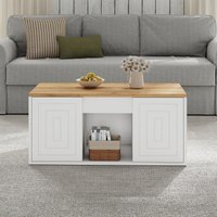 Height-Adjustable Coffee Table with Hydraulic Lift and Shelves, Minimalist Center Table with Rounded Corners, 95L x 46W x 45H cm, White Aosom UK