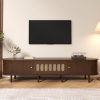 Oval TV Unit with Rattan-Effect Hinged Door, Sturdy Lowboard with 5 Enclosed Compartments, 180L x 40W x 40H cm, Walnut Aosom UK