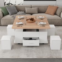 Extendable Coffee Table with Hydraulic Lift, Space-Saving Center Table with 4 Hidden-Storage Stools, 100L x 50W x 45H cm, White+Natural Aosom UK