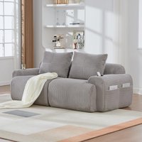Modular 2-Seater Sofa with Cup Holder and Storage Pocket, Ribbed Corduroy Couch with High-Density Foam, 200L x 99W x 80H cm, Light Gray Aosom UK
