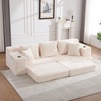 Convertible Sofa Bed with High Backrest and Extra Pillow, Ribbed Corduroy Couch with Dual Side Pockets, 107.5L x 38.5W x 34H cm, Beige Aosom UK