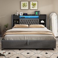 6ft Super King Upholstered Bed Hydraulic Storage Stylish Modern Bed Frame Ambient LED Lighting x 188W x 115H cm Aosom UK