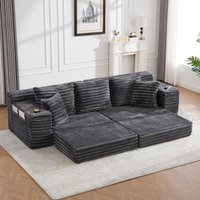 Convertible Sofa Bed with High Backrest and Extra Pillow, Ribbed Corduroy Couch with Dual Side Pockets, 107.5L x 38.5W x 34H cm, Dark Gray Aosom UK