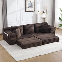 Convertible Sofa Bed with High Backrest and Extra Pillow, Ribbed Corduroy Couch with Dual Side Pockets, 107.5L x 38.5W x 34H cm, Coffee Aosom UK