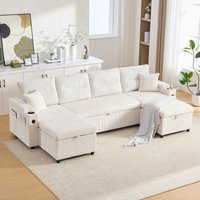 Contemporary 4-Seater Sofa with 2 Chaise Longues, Ribbed Corduroy Couch with Built-In Cup Holders, 272L x 136W x 86H cm, Beige Aosom UK
