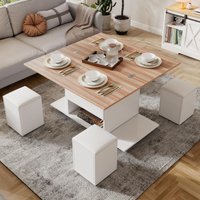 Lift-Top Coffee Table with Hydraulic Lift, Stylish Side Table with 2 Open Shelves, 100L x 50W x 48H cm, Natural+White Aosom UK