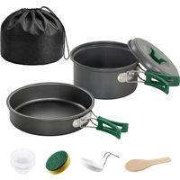 Outsunny Outsunny Camping Kochgeschirr Set 8-teiliges Outdoor Geschirr Set mit Anti-Verbrühungsgriffen, schnell erhitzend Topf, Pfanne, Kochtopf Set für 2 Personen, für Outdoor Wandern Picknick BBQ Grau Aoso