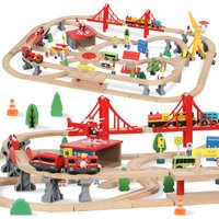 AIYAPLAY Conjunto de Ferrovia de Madeira 133 Peças com Locomotiva Elétrica, Placa Base, Trilhos, Guindaste e Ponte Crianças a partir de 3 Aosom Port