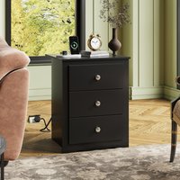 WLIVE 3-Drawer Wooden Bedside Table with Charging Station, USB Ports & Plug Sockets, Nightstand with Storage for Bedroom, Living Room, Office (2, Black)