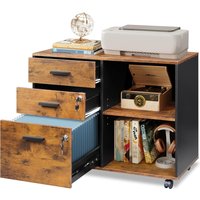 DEVAISE 3 Drawer Mobile File Cabinet Wood Lockable Drawers Printer Stand Open Storage Shelf fits A4 or Letter Home Office Rustic