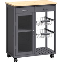 Bamboo Kitchen Island Rolling Kitchen Trolley Glass Door 2 Metal Wire Baskets Adjustable Shelf