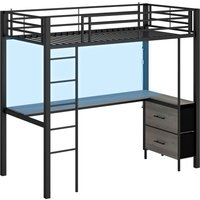 Metal Bunk Bed Desk High Sleeper Bed LED Light Safety Guardrail No Box Spring Needed