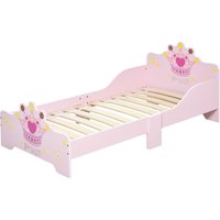 HOMCOM Kids Wooden Bed with Crown Modeling Safety Side Rails Easy to Clean Perfect Gift for Toddlers Girls Age 3 to 6 Years Old Pink Aosom UK