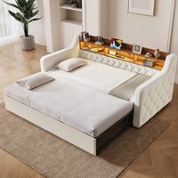 2-in-1 Beige Velvet Sofa Bed with Armrests and Storage Headboard, Daybed for Guest Room and Living Room, 201L x 107W x 80H cm, Beige Aosom UK