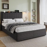 Spacious Upholstered Bed with 4 Under‑Bed Drawers, Cozy Bed Frame with Soft Headboard and Linen Surface, 208L x 140W x 111H cm, Grey Aosom UK