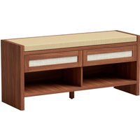 HOMCOM Boho Shoe Bench with 2 Rattan Drawers, Shoe Storage Bench with Cushioned Seat and Open Shelf Brown