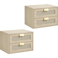 HOMCOM Modern Floating Nightstands Set of 2, Wall Mounted Bedside Tables with 2 Drawers, Oak