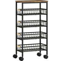 HOMCOM Metal Kitchen Trolley, 4-Tier Storage Trolley with Pull-Out Baskets and 4 Swivel Casters for Kitchen, Rustic Brown