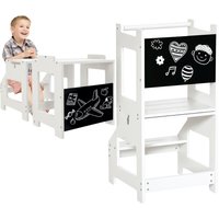 HOMCOM 2-in-1 Kids Step Stool, Toddler Table and Chair Set, with Safety Rail Chalkboard Kitchen Helper Standing Tower, White
