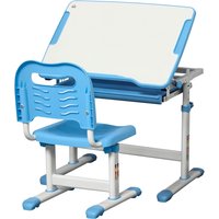 HOMCOM Kids Desk and Chair Set Height Adjustable Student Writing Desk Children Study Table w/ Desktop, Drawer, Pen Slot, Hook Blue Aosom UK
