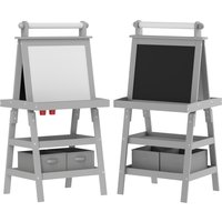 AIYAPLAY 3 in 1 Kids Art Easel, Double-Sided Magnetic Whiteboard and Chalkboard with Paper Roll, Storage Baskets, Painting Easel for Kids, Grey Aosom UK