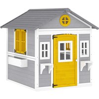 Outsunny Casa de Madeira Infantil com Porta Janelas Floreiras e Prateleiras Casa de Brincar de Madeira 112x126x135 cm Cinza Aosom Portugal