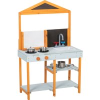 AIYAPLAY Matschküche Kinder Outdoor Spielküche Holz mit Herd Abnehmbarer Spüle Regalen Kinderküche mit 4 Edelstahlschüsseln 3 Schaufeln Outdoorküche für Kinder von 3-8 Jahren, Hellblau Aosom