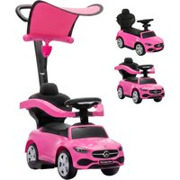 AIYAPLAY 3 in 1 Licensed Benz Ride on Push Car with Handle, Canopy, Guardrails, Horn, Music, Storage for 12-36 Months, Pink