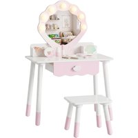 AIYAPLAY Kids Vanity Set, Kids Dressing Table with Chair, Acrylic Mirror, Lighted Bulbs, 7-Piece Accessories, for 3-8 Years, Pink