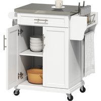 HOMCOM White Wooden Freestanding Kitchen Island on Wheels, Serving Cart Storage Trolley w/ Stainless Steel Top, Drawer, Side Handle & Rack Aosom UK
