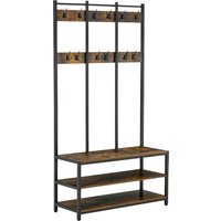 HOMCOM Hall Tree Coat Rack Stand, Freestanding with Hooks, Bench, Shoe Storage, 100cm x 40cm x 184cm, Rustic Brown, Black Aosom UK