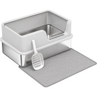 Stainless Steel Cat Litter Tray Lid High Sided Cat Litter Box Scoop Mat Light Grey