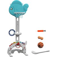 AIYAPLAY 5 in 1 Kinder Basketballkorb Höhenverstellbarer 134-152 cm Basketballkorb mit Basketballs Pumpe Fußballtor Golfball Fischform Indoor Outdoor Spielzeug für Jungen Mädchen 3-6 Jahre Blau+Grau Aosom