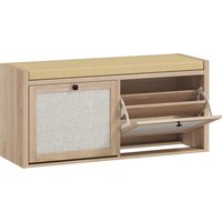 HOMCOM Rattan Shoe Bench with Padded Cushion and 2 Cabinets for Hidden Storage, Oak Wood Effect