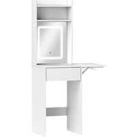 HOMCOM Small Vanity Desk with Mirror and LED Lights, Compact Dressing Table with Drop Leaf, Open Shelves and Drawer, White