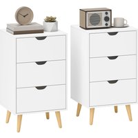 HOMCOM Set of 2 Bedside Tables, Modern Nightstand Side End Table with 3 Storage Drawers and Solid Pine Wood Legs for Bedroom Living Room Entryway, White