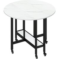 HOMCOM Folding Dining Table, Drop Leaf Table with Open Shelf, Rolling Kitchen Table for Dining Room, Small Spaces, White Marble