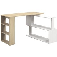 HOMCOM Corner Computer Desk, L Shaped Desk with 360° Rotating Bookshelf, 120L x 110W x 74.5H cm, Natural and White