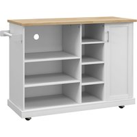 HOMCOM Carrinho ilha de cozinha com rodízios 7 compartimentos 1 armário 1 porta 1 suporte para panos 129 x 51 x 93 cm madeira e branco Aosom Portuga