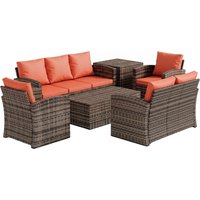 Outsunny 6 Pieces Rattan Garden Furniture Set, 7 Seater Wicker Outdoor Furniture Set with Storage Tea Table, Side Table, Cushions, Orange