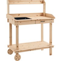 Outsunny Garden Potting Bench Table, Wooden Work Station, Outdoor Planting Workbench with 2 Wheels, Sink, Drawer & Large Storage Spaces, 92x45x119cm