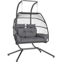 Outsunny Rattan Double Hanging Egg Chair with Stand, Foldable Wicker Swing Egg Chair with Cushion, Head Pillows, Steel Frame, Hammock Chair for Indoor Outdoor, Capacity 260 kg, Dark Grey