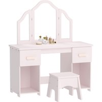 AIYAPLAY Kids Dressing Table, Kids Vanity Table and Chair Set with Tri-Folding Mirror, 2 Drawers, 2 Cabinets for Girls 3+, Pink