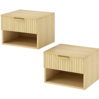 Floating Nightstands Set 2 Modern Wall Mounted Bedside Tables Fluted Drawer Open Shelf Bedroom Oak