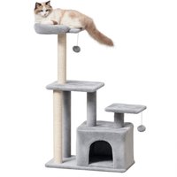PawHut Feline Fun Tower: 114cm Tall Activity Centre with Scratching Posts, Perch, Dangling Ball & Condo, Light Grey Aosom UK