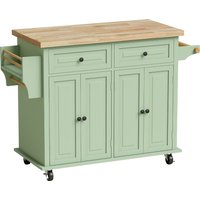 Rolling Kitchen Island Storage Trolley Rubber Wood Top & Drawers Dining Room Light Green