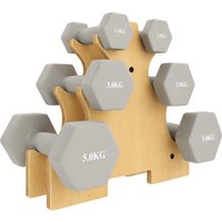 SPORTNOW Hanteln Set 3 Paar 1kg 3kg 5kg Kurzhanteln mit Holzständer, rutschfestem Griff, Gusseisen Hexagon Hantelset Kurzhantel Set für Krafttraining Fitnessstudio Home-Gym Hellgrau Aosom