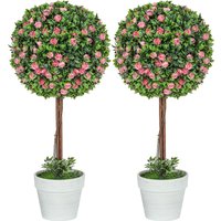 HOMCOM Set of 2 Decorative Artificial Plants, Ball Topiary Tree with Rose Flower in Pot, Fake Plants for Home Indoor Outdoor Decor, 60cm, Pink