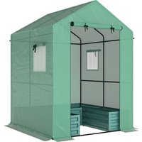 Outsunny Mini Greenhouse with Raised Garden Bed, Galvanised Walk-in Greenhouse with Roll Up Windows, 56" x 56" x 75", Green